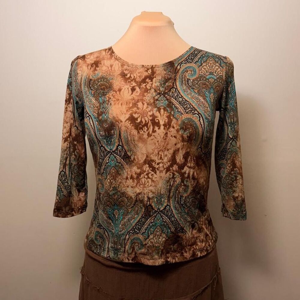 Y2K Brittany Black Brown Teal Paisley Glitter Top Est Size M